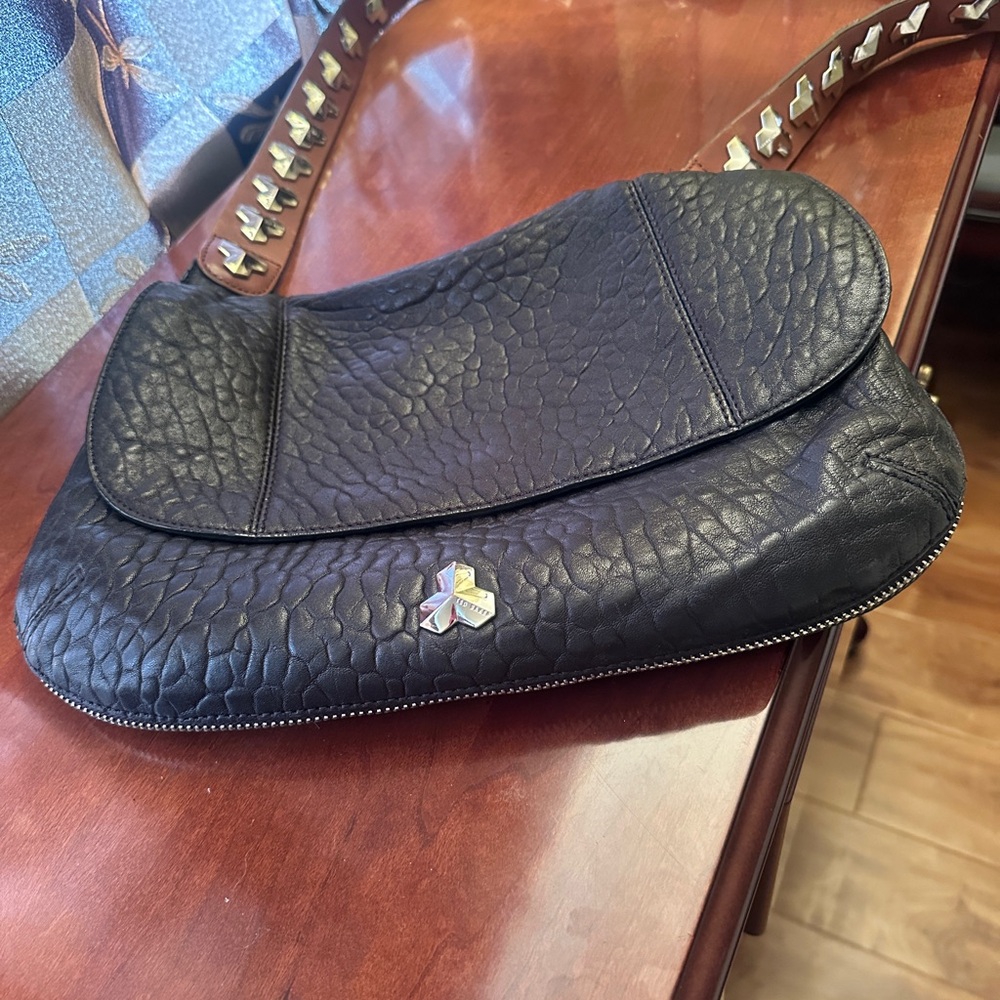 Black Textured Leather Shoulder Bag